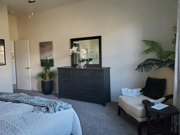 a bedroom with a bed and a potted plant