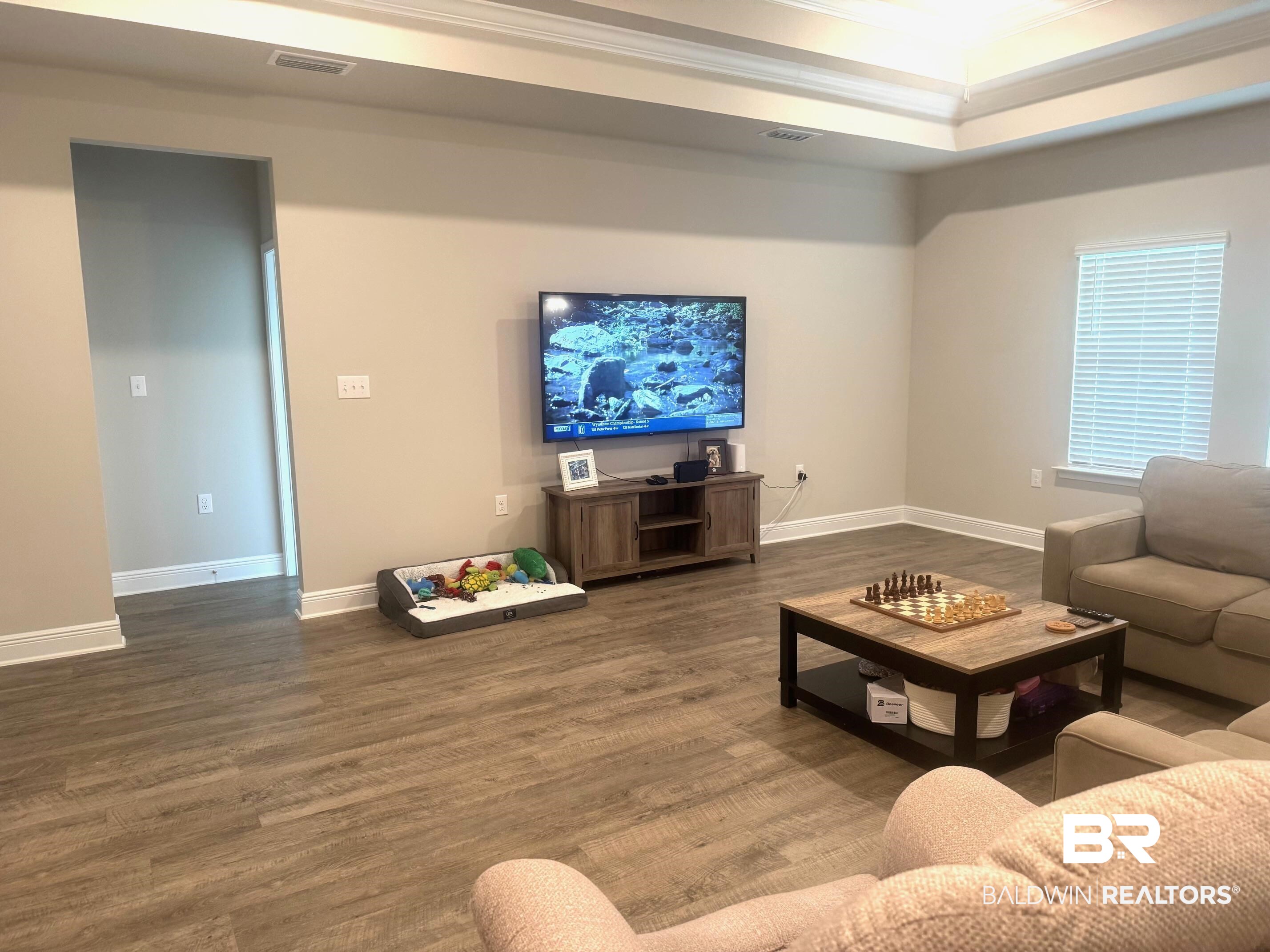 24903 Spectacular Bid Loop Daphne, AL 36526 - Photo 6 of 37 Living area featuring ornamental molding, dark wood-type flooring, and a raised ceiling