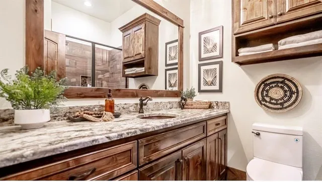 a bathroom with a granite countertop sink a toilet and a mirror