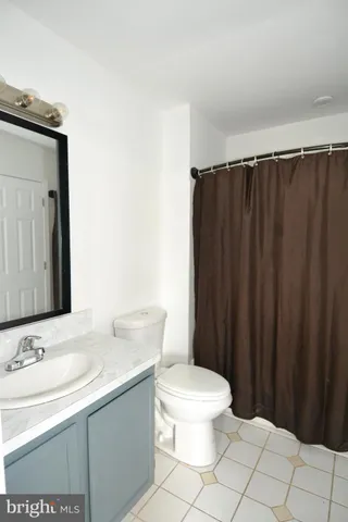 a bathroom with a sink a toilet a mirror and shower curtain