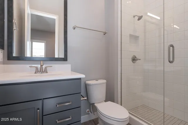 a bathroom with a sink toilet vanity and shower