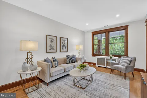 a living room with furniture and a potted plant on table