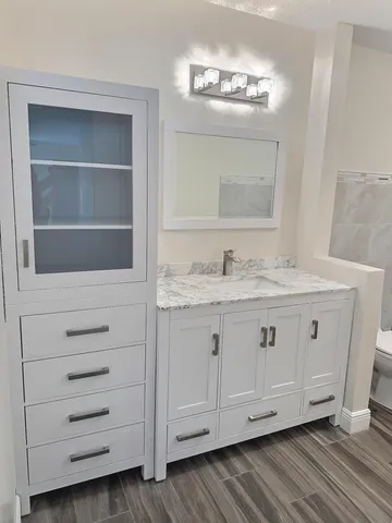 a bathroom with a sink a toilet a mirror and vanity
