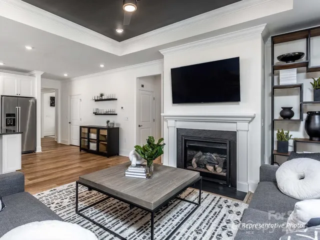 a living room with furniture a flat screen tv and a fireplace