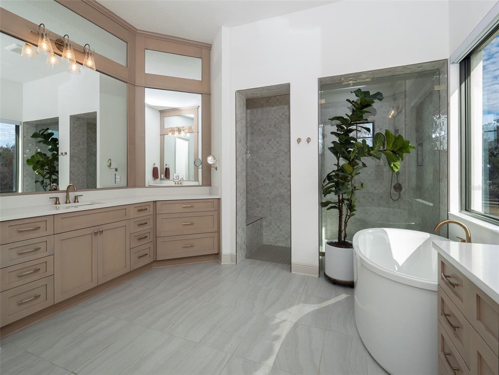11920 Southeast 22nd Ave Road Ocala, FL 34480 - Photo 13 of 31 a spacious bathroom with a double vanity sink a large mirror a bathtub and shower