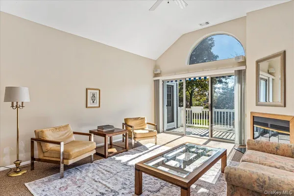 a living room with furniture a rug and a window