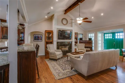 a living room with fireplace furniture and a flat screen tv