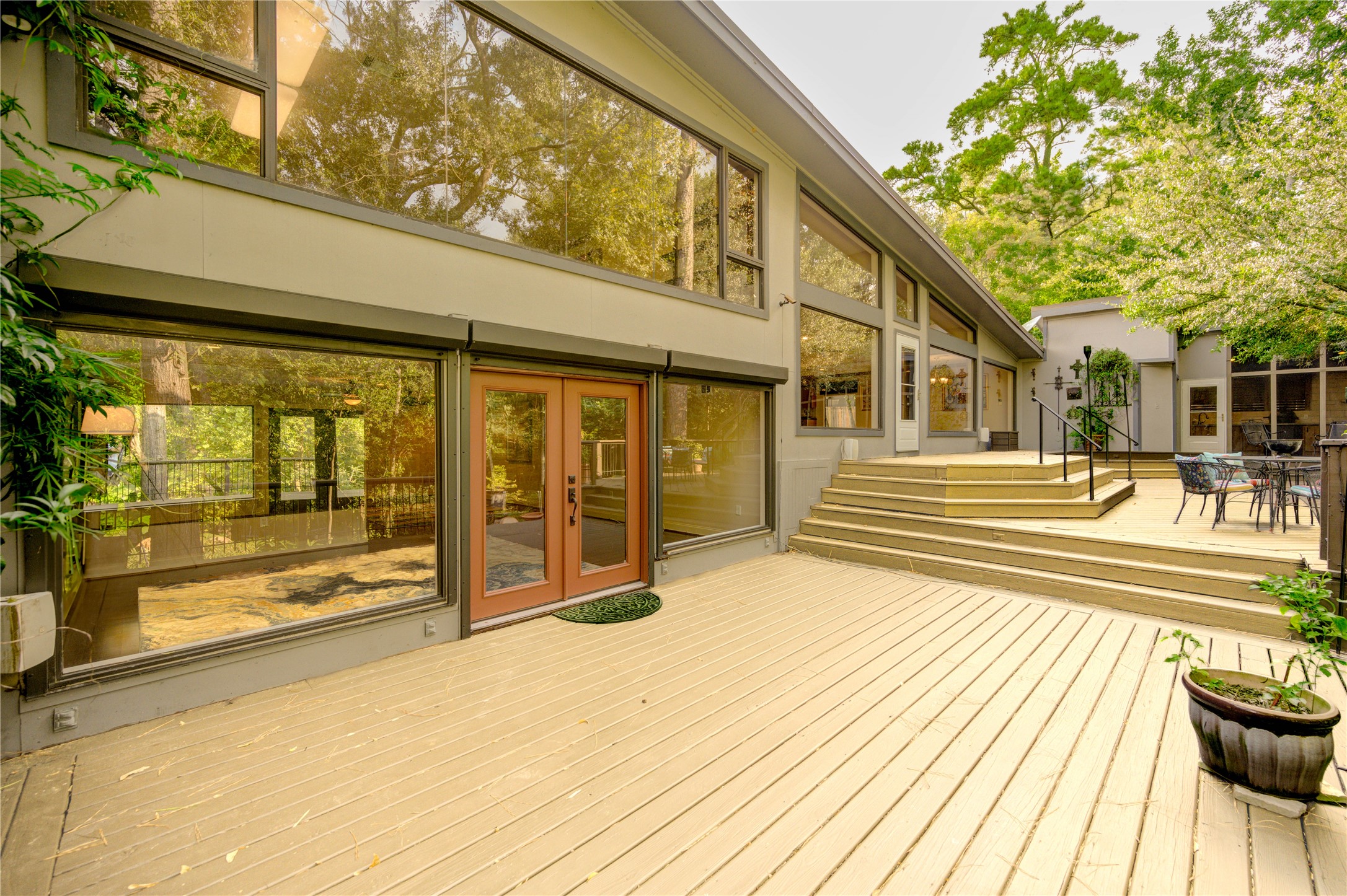 a view of a building with a large window