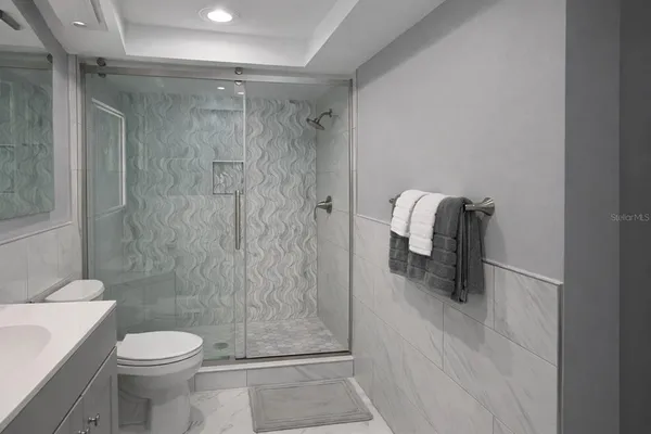 a bathroom with a shower and toilet