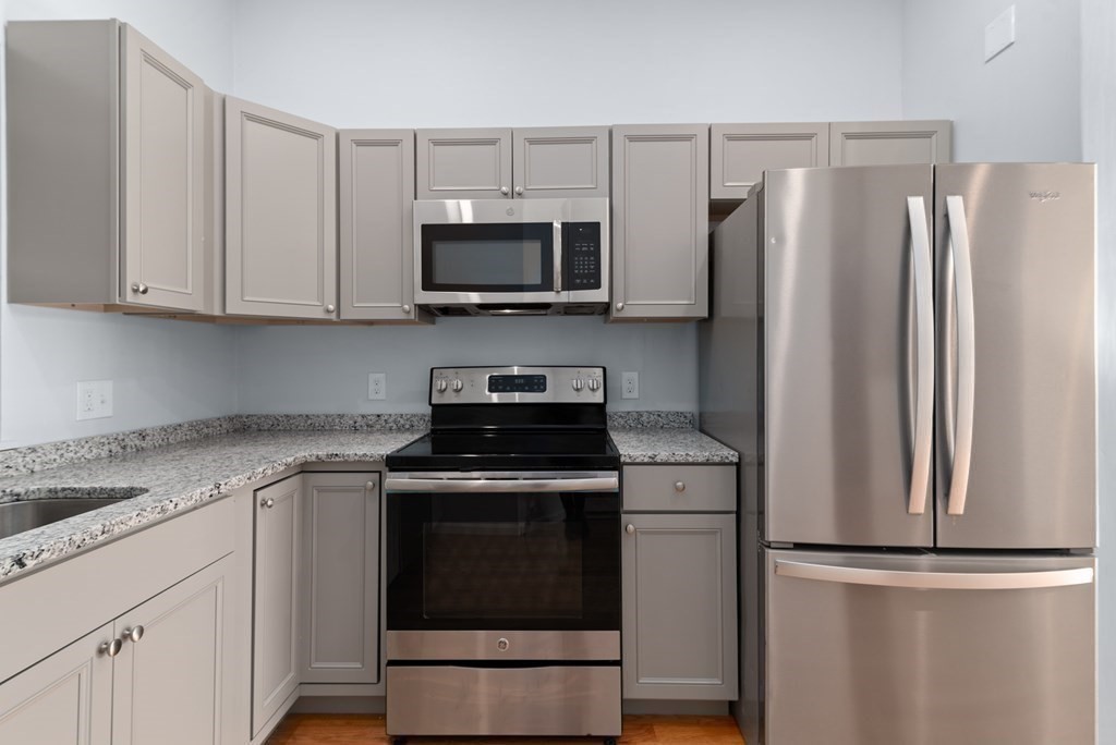 2 Woodbine Street, Unit 1 Boston, MA 02119 - Photo 7 of 20 a kitchen with stainless steel appliances granite countertop a refrigerator stove and white cabinets