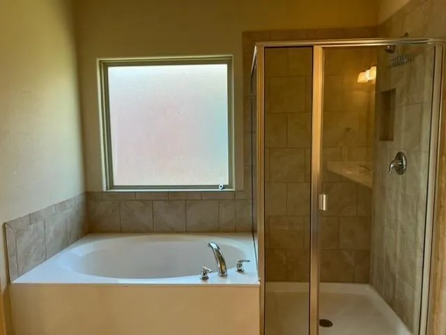 a bathroom with a bathtub and a shower