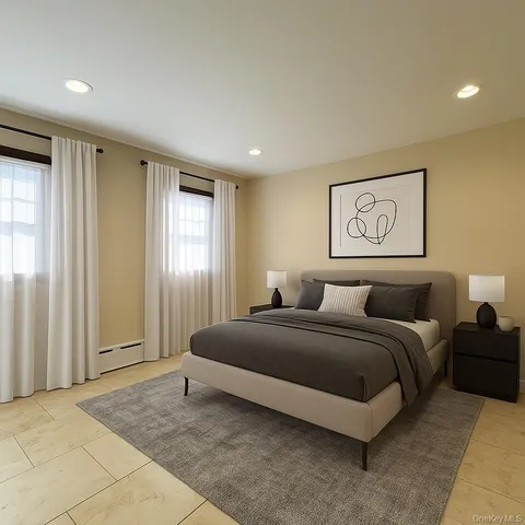 a spacious bedroom with a bed and glass window