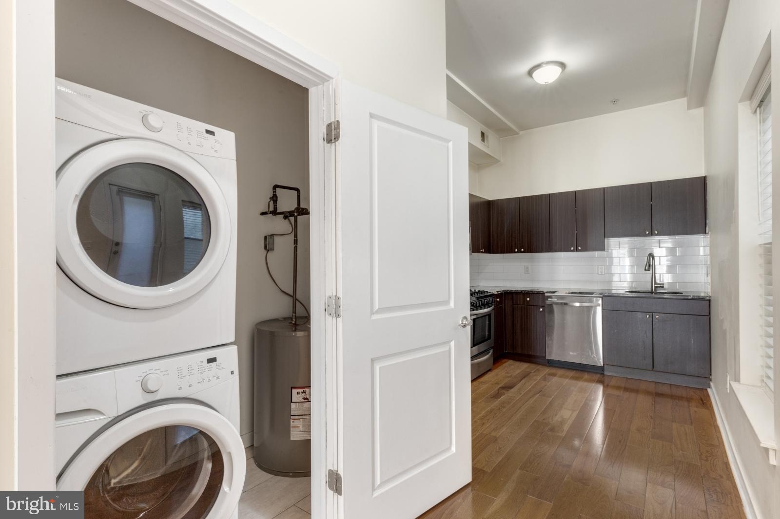 2031 South Juniper Street, Unit 204 Philadelphia, PA 19148 - Photo 6 of 31 a kitchen with a washer and dryer
