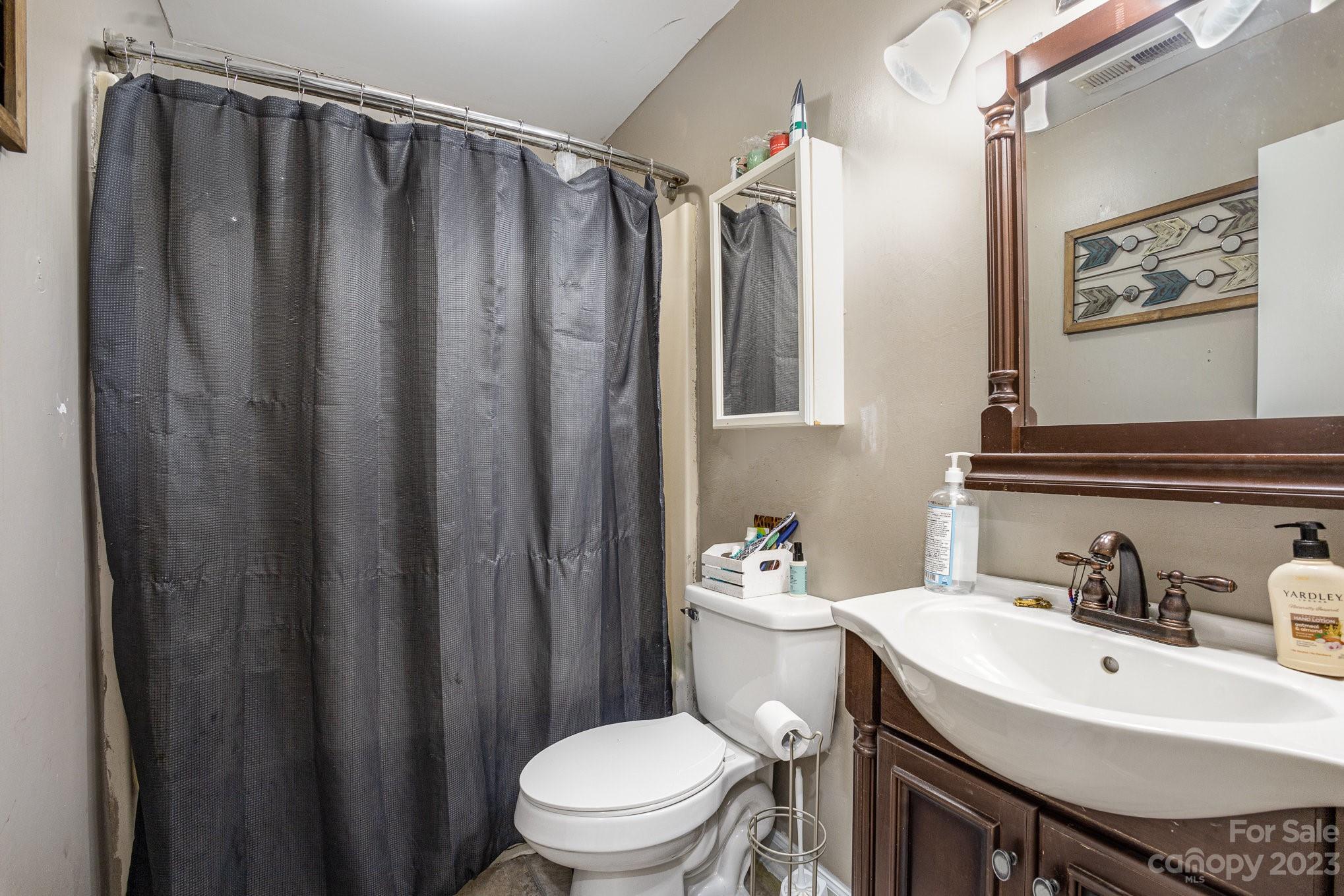 2781 St James Church Road Denver, NC 28037 - Photo 13 of 22 a bathroom with a sink a toilet and shower curtain