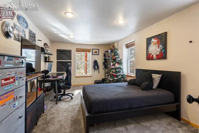 a bedroom with a bed furniture and a large window