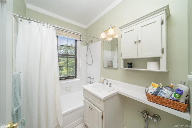 a bathroom with a sink mirror and a shower