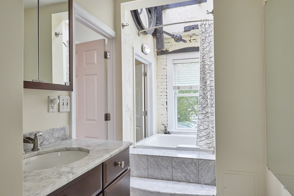 1920 Washington Street, Unit 6 Boston, MA 02118 - Photo 8 of 15 a bathroom with a granite countertop sink and a mirror