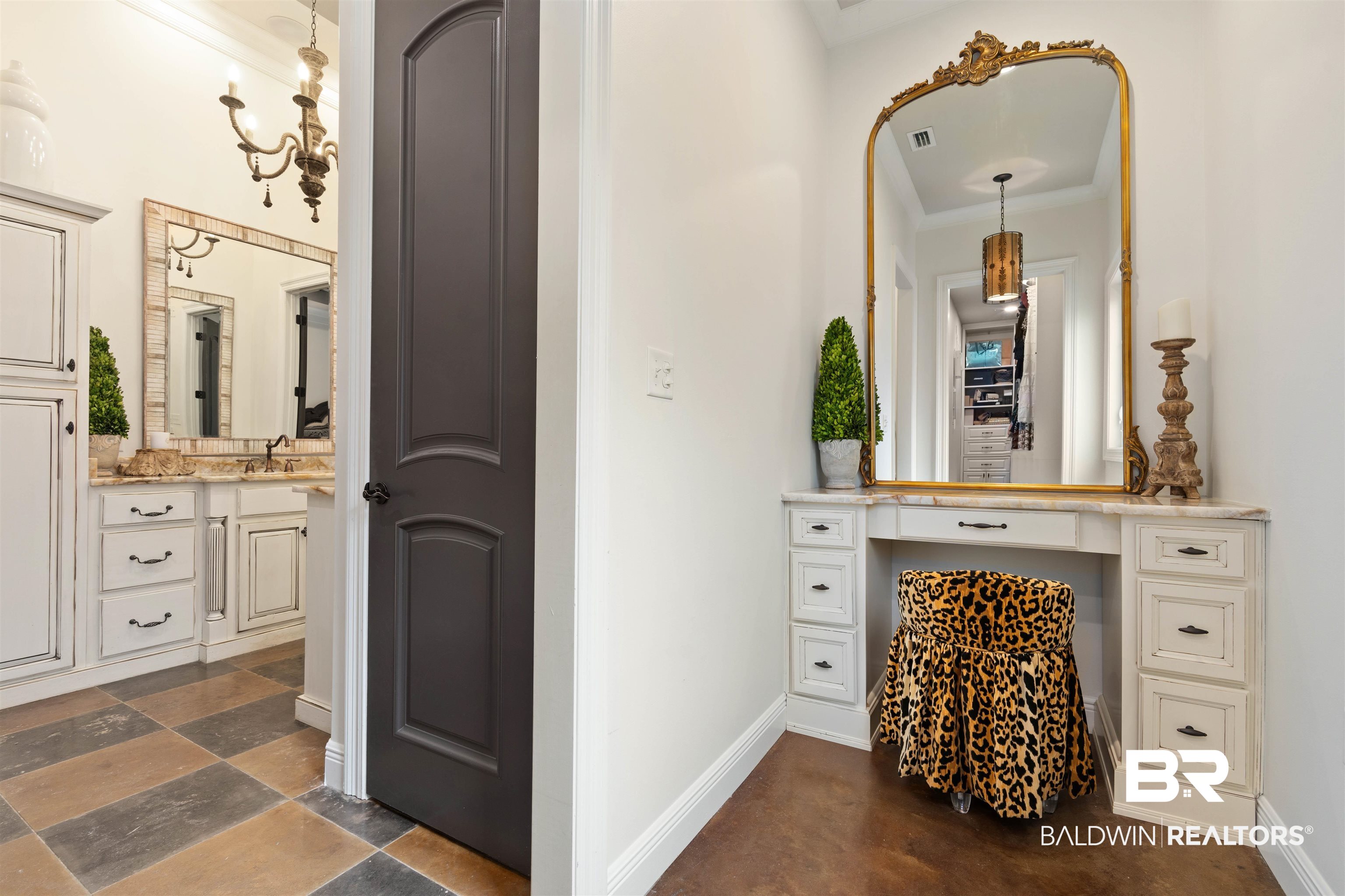 3584 Rue Royal Mobile, AL 36693 - Photo 21 of 35 Bathroom with vanity, crown molding, stone tile floors, and baseboards