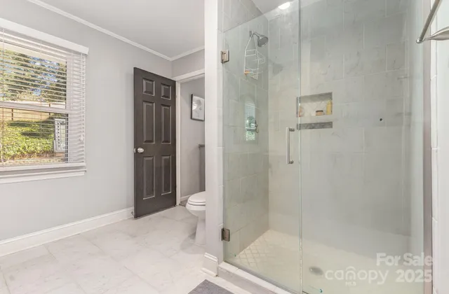 a bathroom with a shower and a toilet