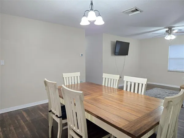 a view of a dining room with furniture and wooden floor