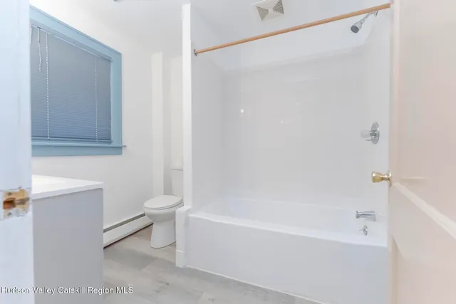 a bathroom with a bathtub and a toilet