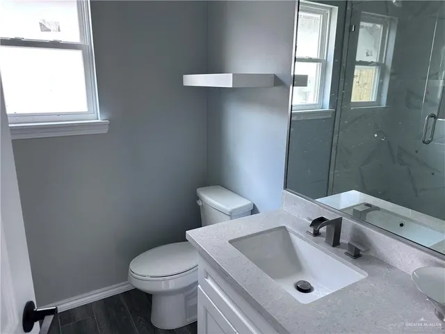 a bathroom with a sink mirror and toilet