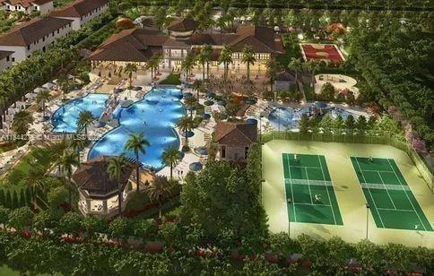 a view of a building with a swimming pool