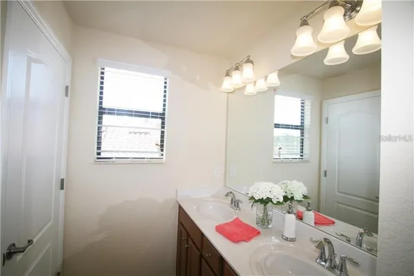 a bathroom with a sink mirror and a window