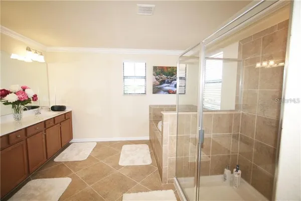 a bathroom with a sink mirror and shower