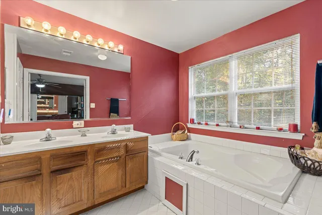a bathroom with a tub a sink and a large mirror