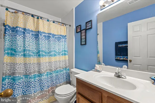 a bathroom with a sink a toilet and shower curtain