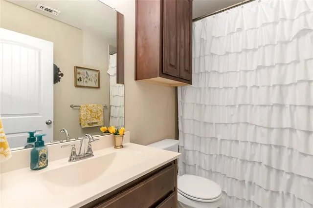 a bathroom with a sink a toilet and shower curtain