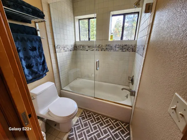 a bathroom with a toilet and a shower