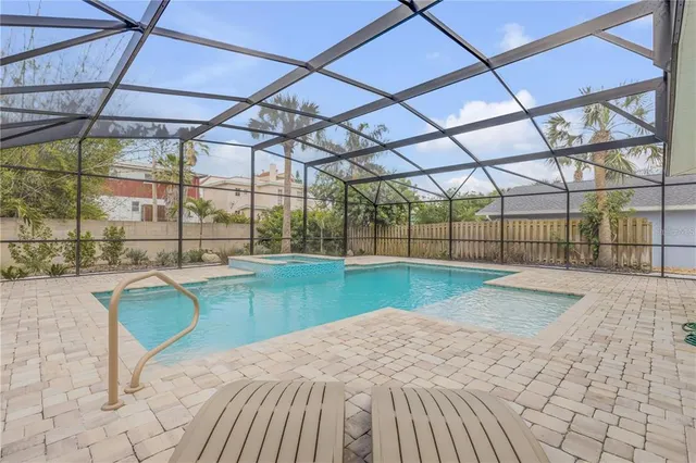 a view of a backyard with a swimming pool
