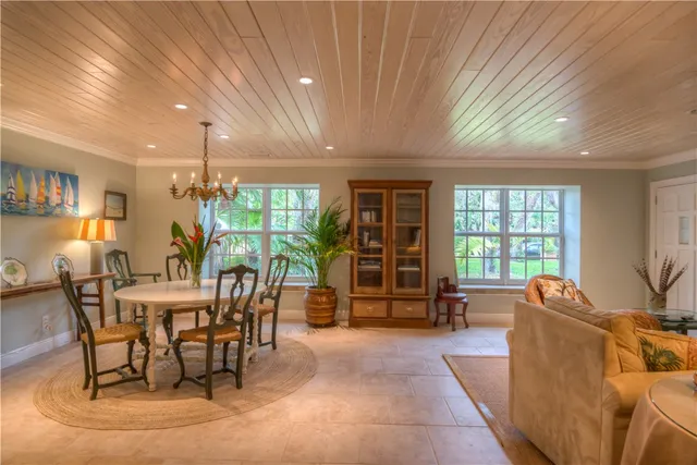 a view of a dining room with furniture window and outside view