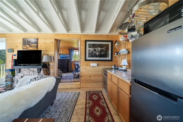 a large living room with stainless steel appliances furniture a fireplace and a flat screen tv