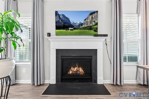 a living room with a fireplace and a potted plant