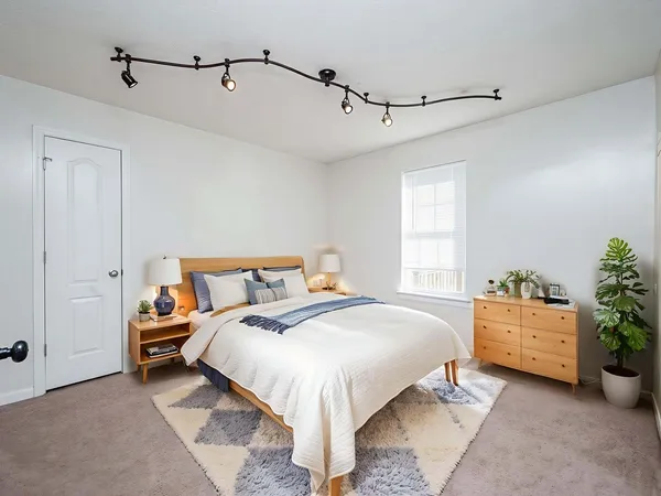 a view of a big room with a fan and a window