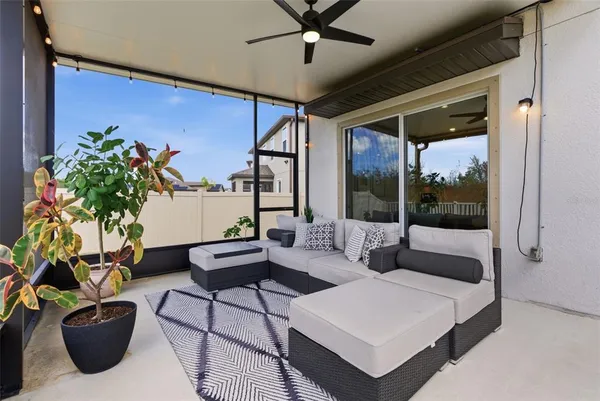 a building outdoor space with patio furniture