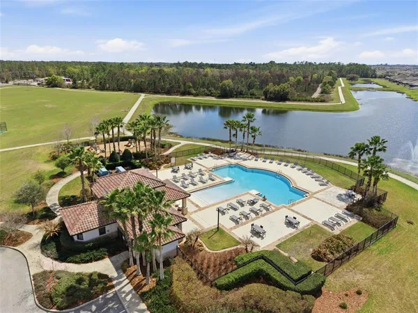 an aerial view of a house with a outdoor space