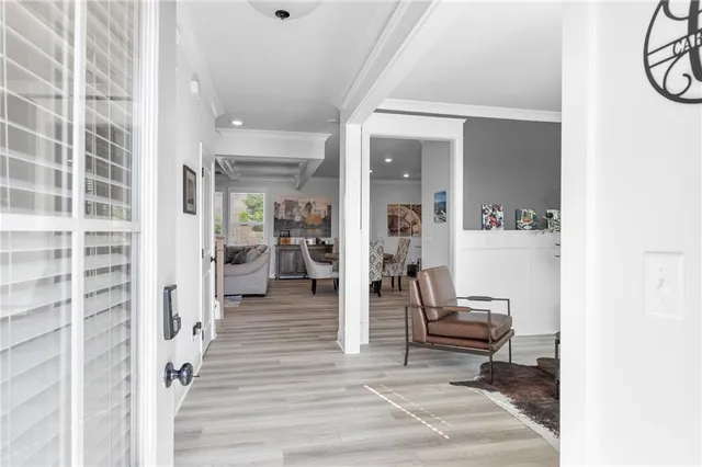 a living room with furniture and a table