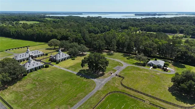 an aerial view of a house with a garden