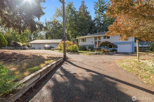 a view of a yard with car parked