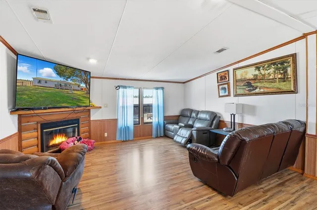 a living room with fireplace furniture and a flat screen tv