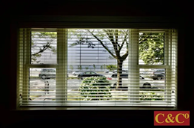 a view of a balcony from a window