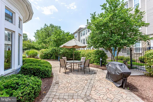 a view of a patio with table and chairs potted plants and a large tree