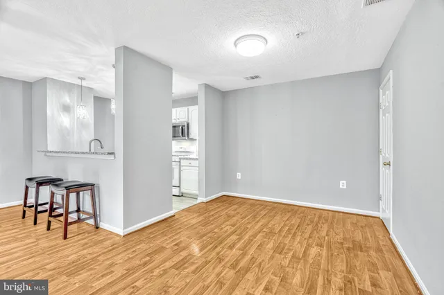 a view of empty room with wooden floor