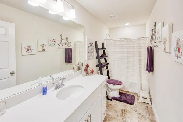 a bathroom with a sink vanity and toilet