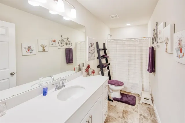 a bathroom with a sink vanity and toilet