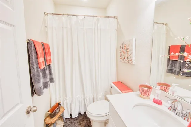 a bathroom with a sink toilet and shower curtain